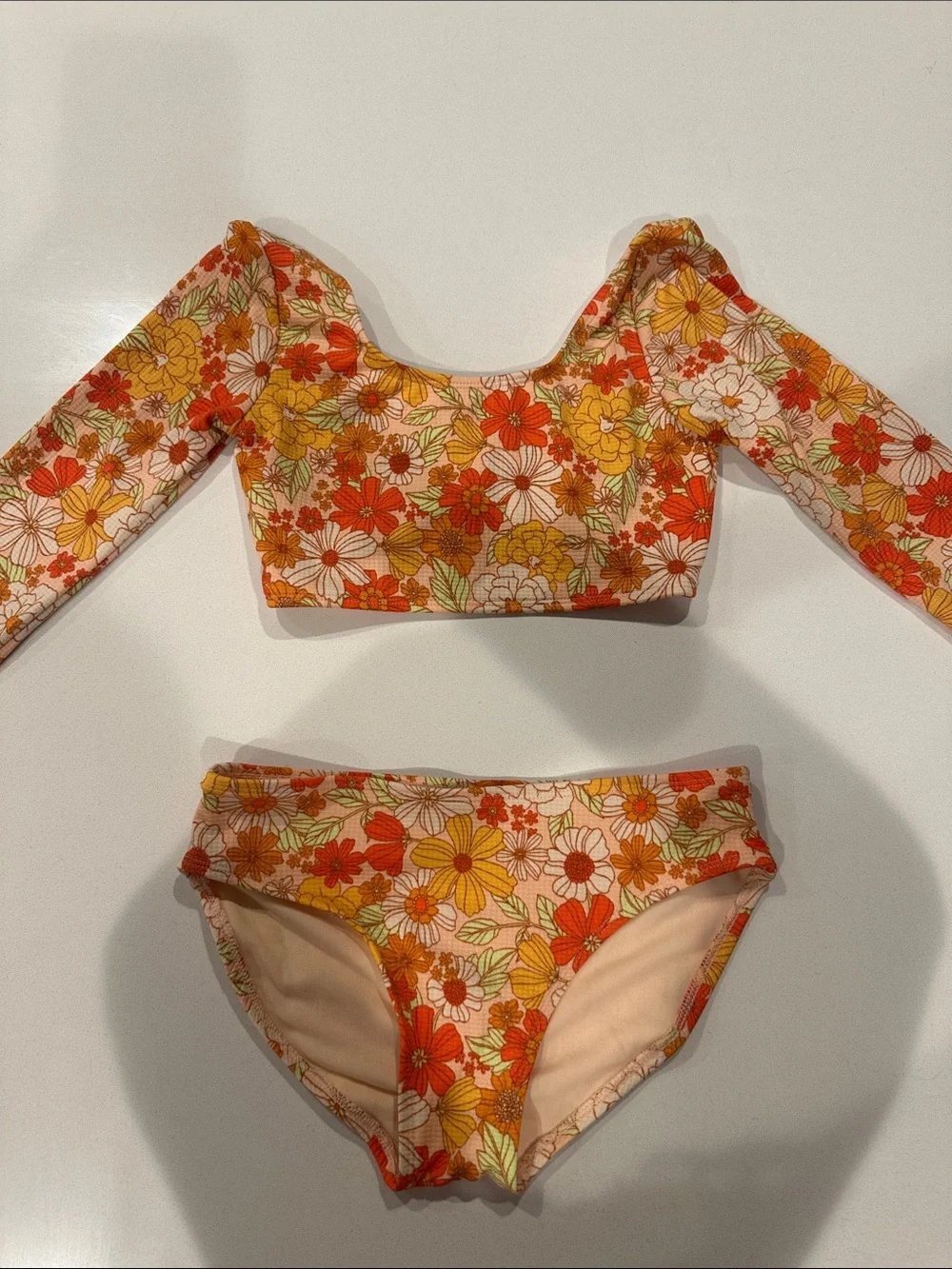 Floral Two-Piece Swim Set in Orange, Yellow & Cream
